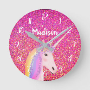 Cute Rosa Unicorn Glitter Personlig Kids Rund Klocka