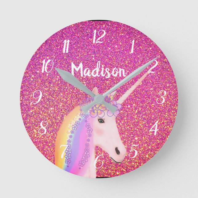 Cute Rosa Unicorn Glitter Personlig Kids Rund Klocka (Framsida)