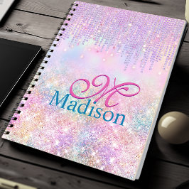 Cute Rosa Unicorn Glitter rhinestone Drip monogram Anteckningsbok