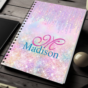 Cute Rosa Unicorn Glitter rhinestone Drip monogram Anteckningsbok