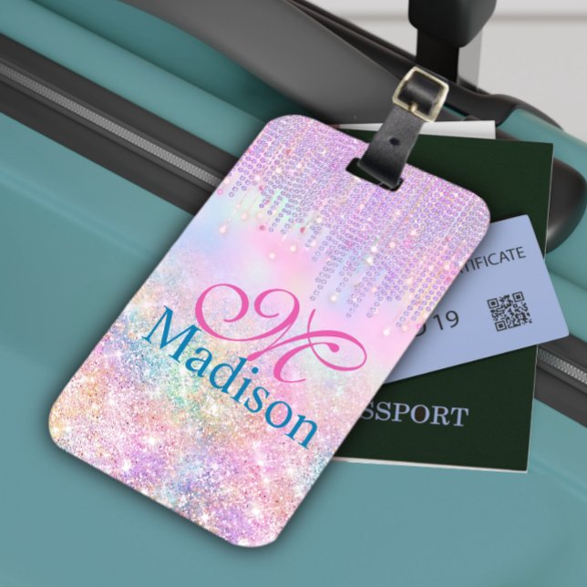 Cute Rosa Unicorn Glitter rhinestone Drip monogram Bagagebricka (Skapare uppladdad)