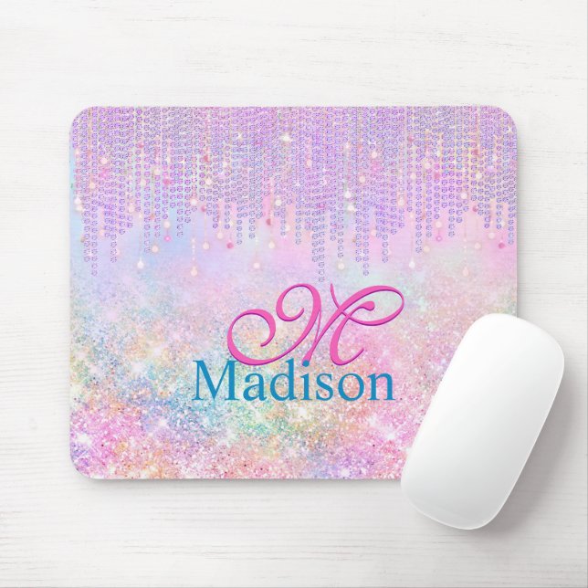 Cute Rosa Unicorn Glitter rhinestone Drip monogram Musmatta (Med mus)