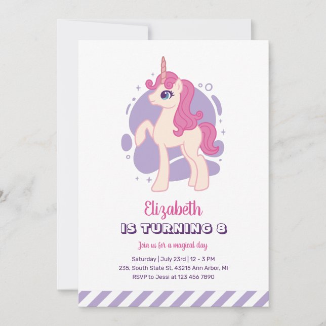 Cute Rosa Unicorn Lila Girl Birthday Inbjudningar (Framsida)