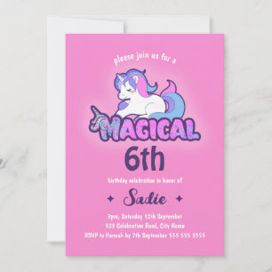 Cute Rosa Unicorn Magic any Age 6e Birday Inbjudningar