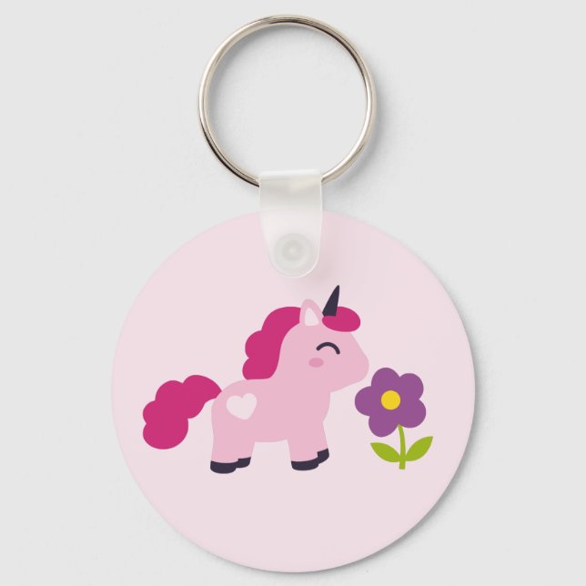 Cute Rosa Unicorn med blomning Nyckelring (Framsida)