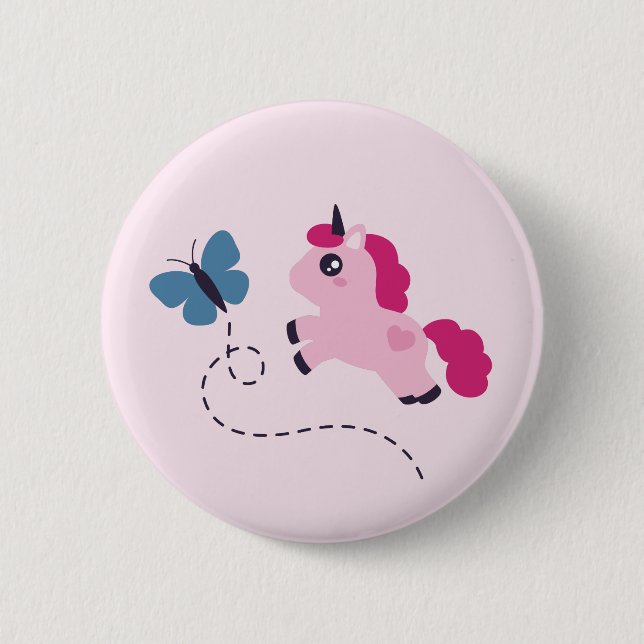 Cute Rosa Unicorn med Butterfly Knapp (Framsida)