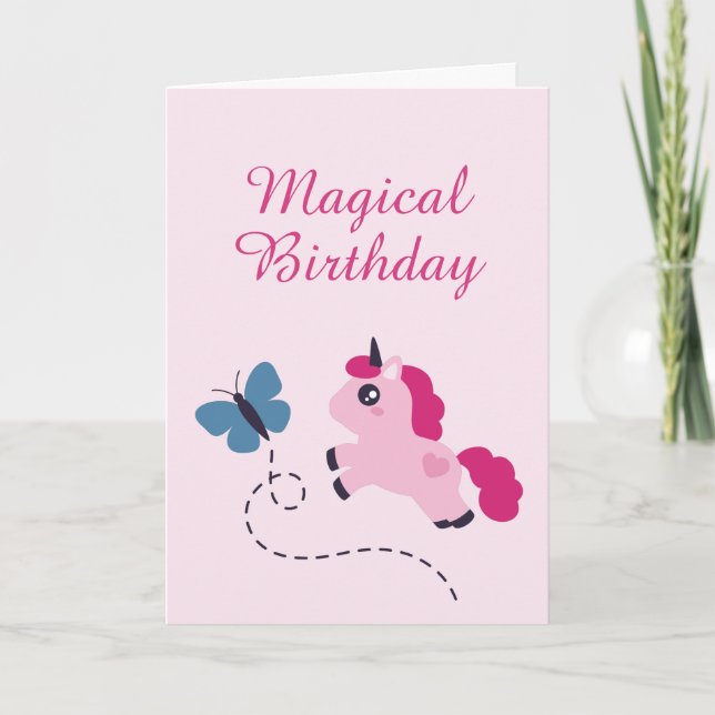 Cute Rosa Unicorn med Butterfly Kort (Framsida)