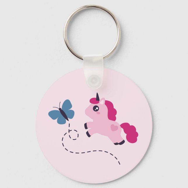 Cute Rosa Unicorn med Butterfly Nyckelring (Framsida)