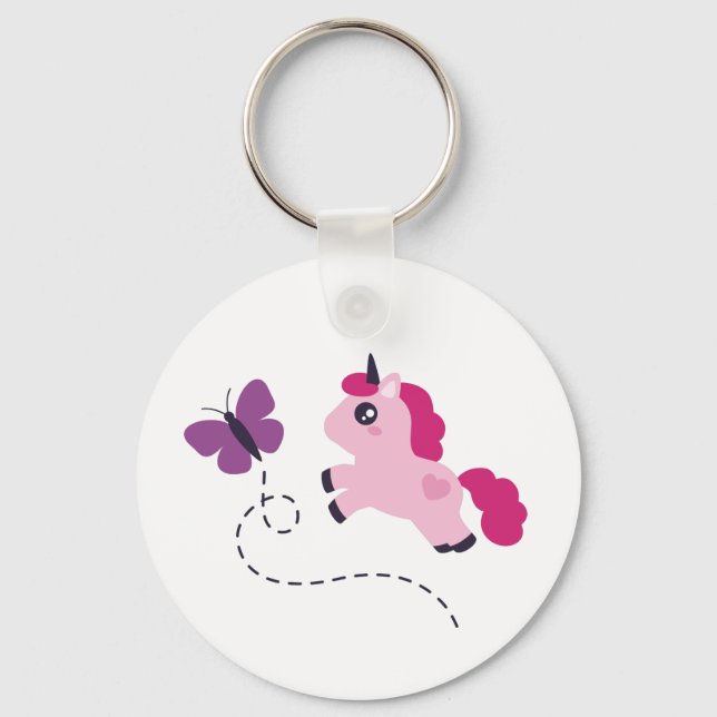 Cute Rosa Unicorn med Butterfly Nyckelring (Framsida)