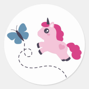 Cute Rosa Unicorn med Butterfly Runt Klistermärke