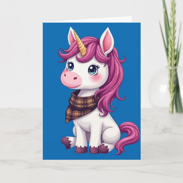 Cute Rosa Unicorn, med skotskt skäggigt scarf Helgkort (Framsida)