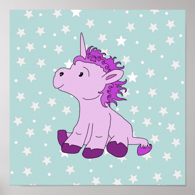 Cute Rosa Unicorn med Stars Girl Nursery Poster (Framsidan)