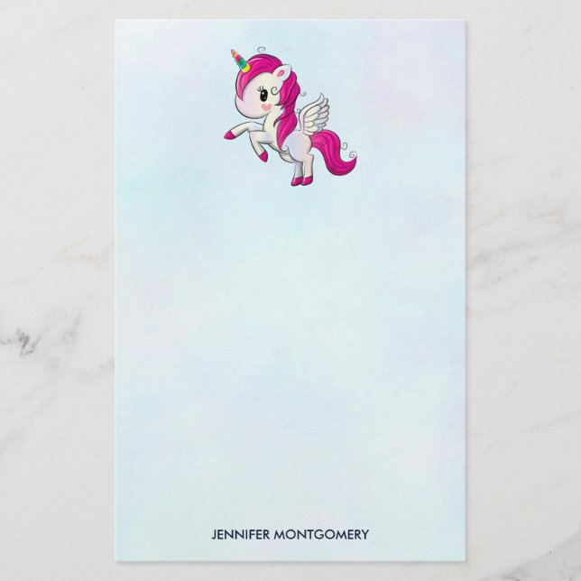 Cute Rosa Unicorn med Vingar Brevpapper (Framsida)