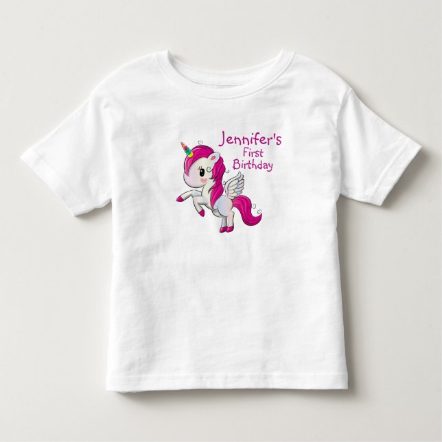 Cute Rosa Unicorn med Vingar födelsedag T Shirt (Framsida)