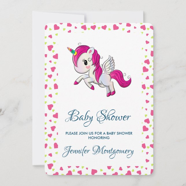 Cute Rosa Unicorn med Vingar Inbjudningar (Framsida)