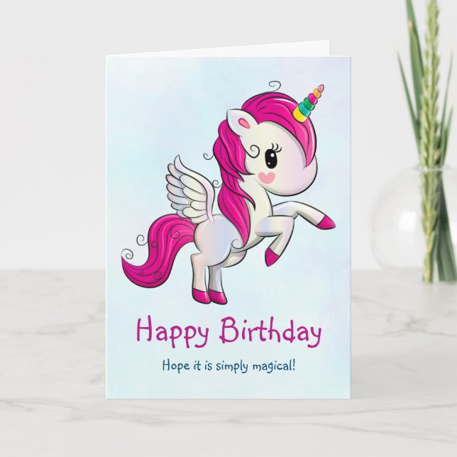Cute Rosa Unicorn med Vingar Kort (Framsida)