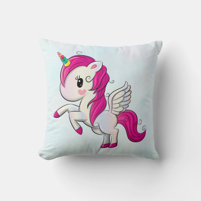 Cute Rosa Unicorn med Vingar Kudde (Framsida)
