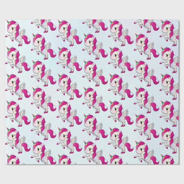 Cute Rosa Unicorn med Vingar Mönster Presentpapper (Platt)