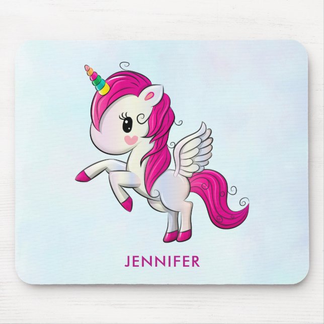 Cute Rosa Unicorn med Vingar Musmatta (Framsidan)