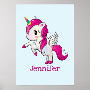 Cute Rosa Unicorn med Vingar Poster