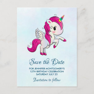 Cute Rosa Unicorn med Vingar Spara datum Vykort