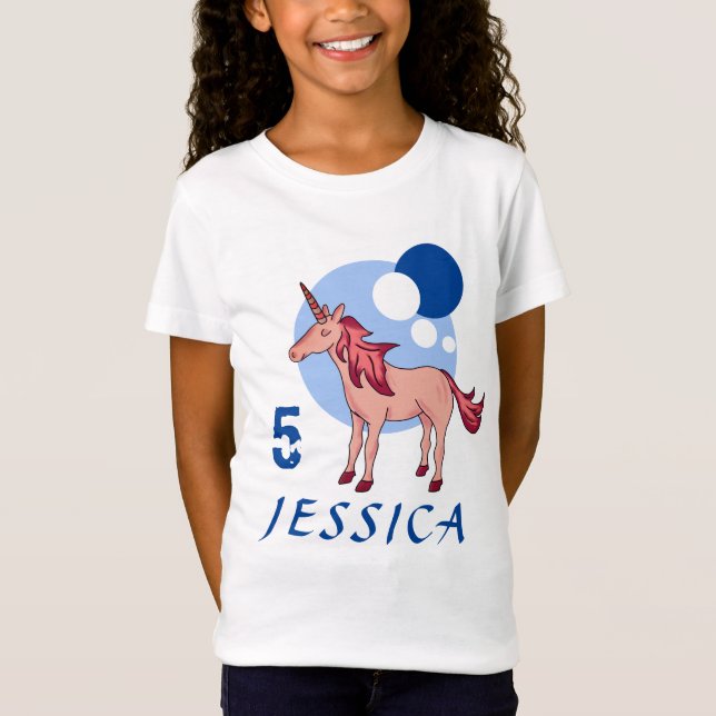 Cute Rosa Unicorn Modern Age Namn Birthday T-Shirt (Framsida)
