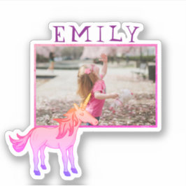 Cute Rosa Unicorn Namn och Photo Kids Sticker Klistermärken