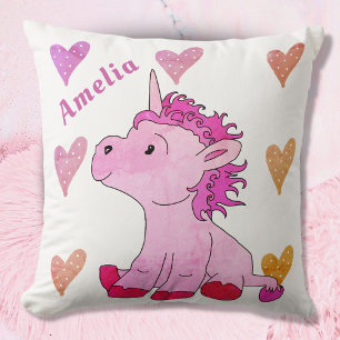 Cute Rosa Unicorn och Hearts Girly Namn Kudde
