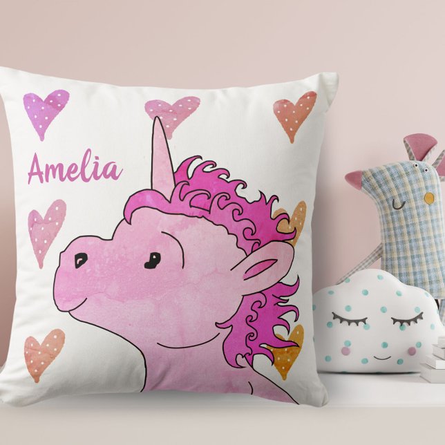 Cute Rosa Unicorn och Hearts Girly Namn Kudde (Skapare uppladdad)