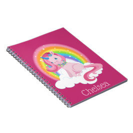 Cute Rosa Unicorn och Rainbow Personlig Anteckningsbok Med Spiral