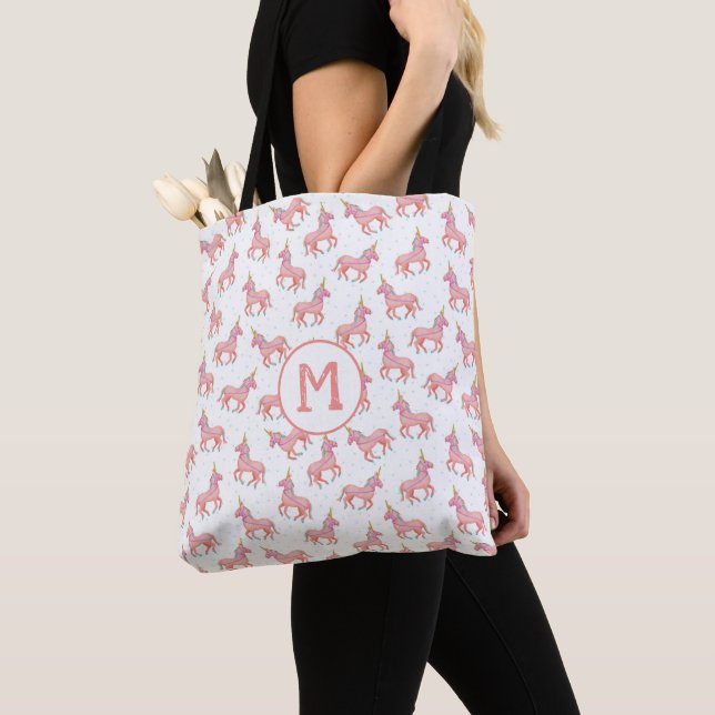 Cute Rosa Unicorn och Stars Mönster | Monogrammet Tygkasse (Närbild)