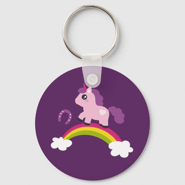 Cute Rosa Unicorn på en regnbåge Nyckelring (Framsida)