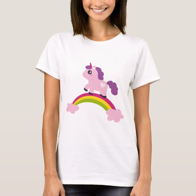 Cute Rosa Unicorn på en regnbåge T-shirt (Framsida)