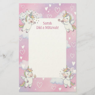 Cute Rosa Unicorn Personlig Mitzvah Note Brevpapper