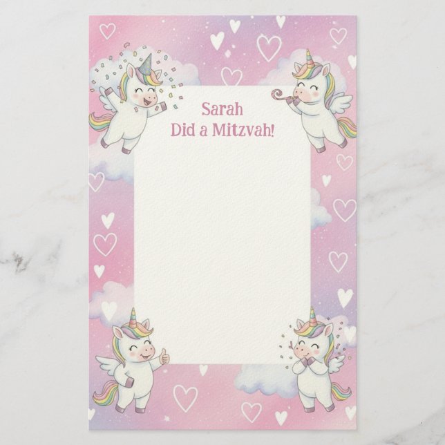 Cute Rosa Unicorn Personlig Mitzvah Note Brevpapper (Framsida)