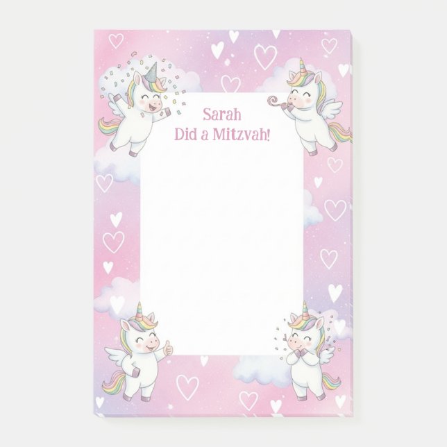 Cute Rosa Unicorn Personlig Mitzvah Post-it Block (Framsida)