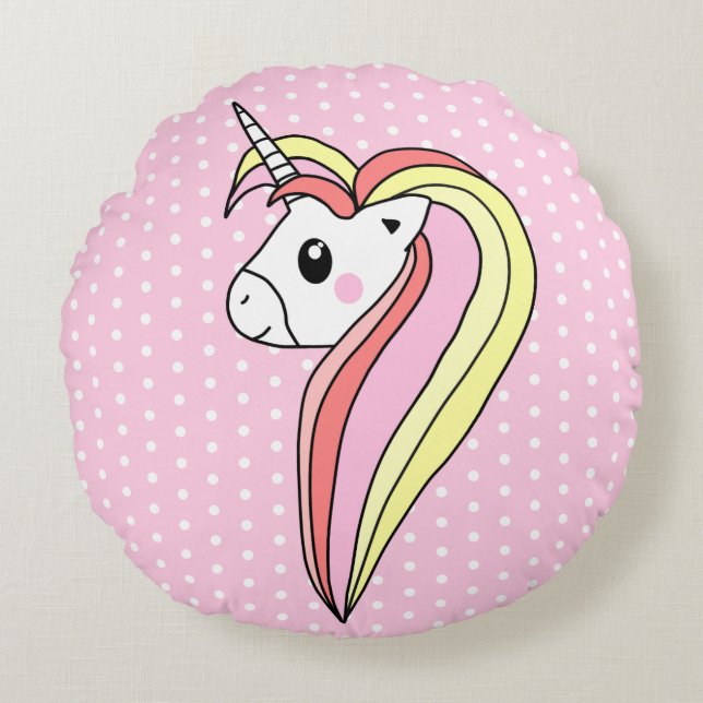 Cute Rosa Unicorn Polka Dot Mönster Girly Rund Kudde (Framsidan)