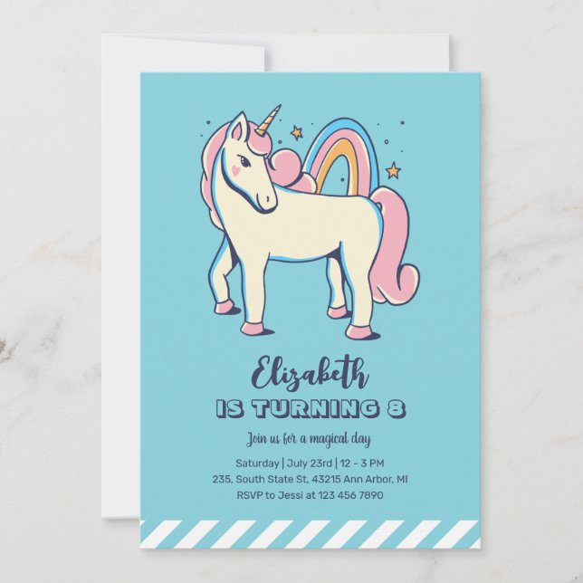 Cute Rosa Unicorn Rainbow Blue Girl Birthday Inbjudningar (Framsida)