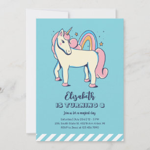 Cute Rosa Unicorn Rainbow Blue Girl Birthday Inbjudningar