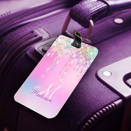 Cute Rosa Unicorn Rainbow Glitter Drives monogram Bagagebricka
