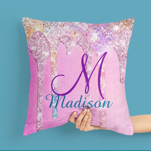 Cute Rosa Unicorn Rainbow Glitter Drives monogram Kudde (Skapare uppladdad)