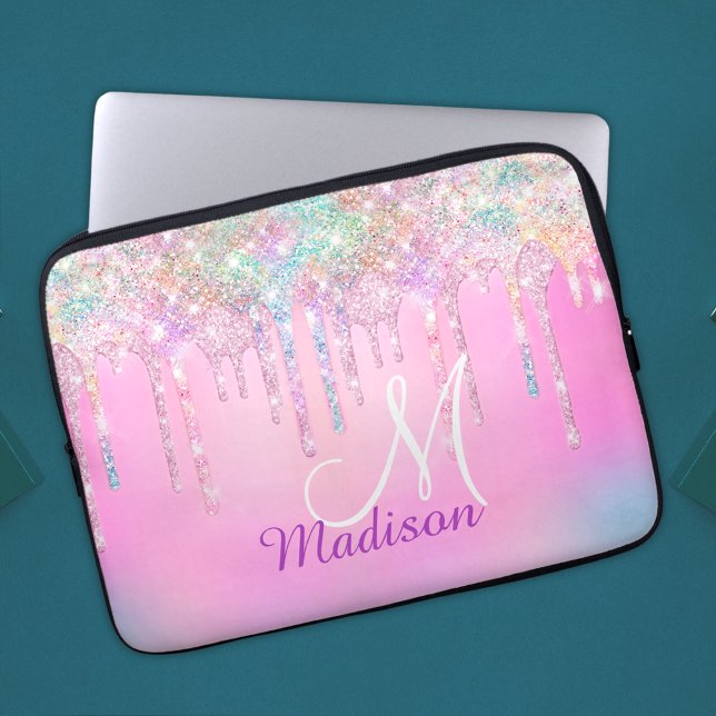 Cute Rosa Unicorn Rainbow Glitter Drives monogram Laptop Fodral (Skapare uppladdad)