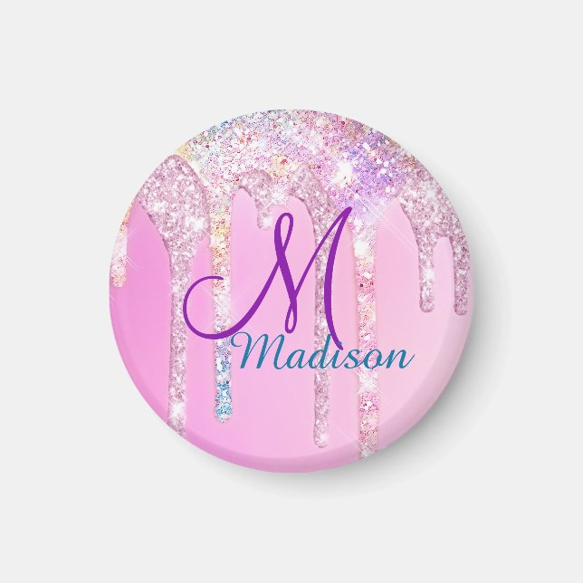 Cute Rosa Unicorn Rainbow Glitter Drives monogram Magnet (Framsidan)