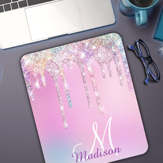 Cute Rosa Unicorn Rainbow Glitter Drives monogram Musmatta (Skapare uppladdad)