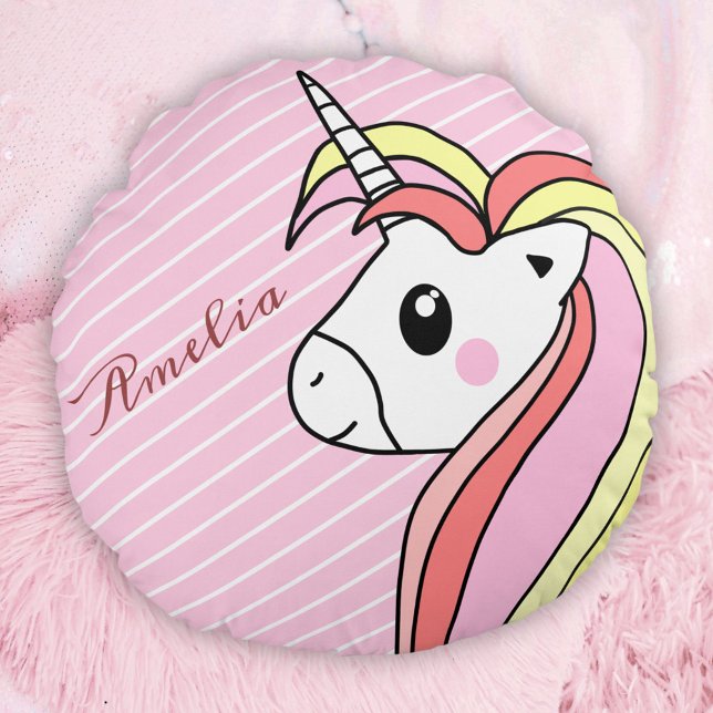 Cute Rosa Unicorn Rand Mönster Girl Namn Rund Kudde (Skapare uppladdad)