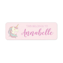 Cute Rosa Unicorn School Bok Namn Sticker-etikett