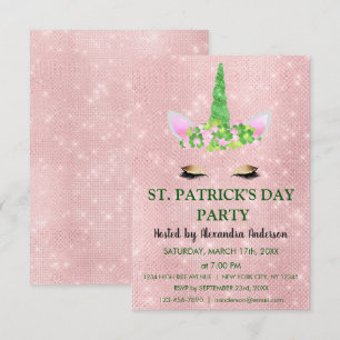 Cute Rosa Unicorn St. Patrick Day Party Inbjudningar