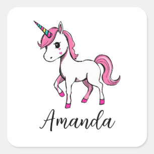 Cute Rosa Unicorn Tecknad Namn Fyrkantigt Klistermärke