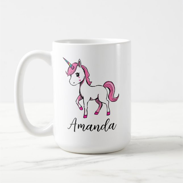 Cute Rosa Unicorn Tecknad Namn Kaffemugg (Vänster)
