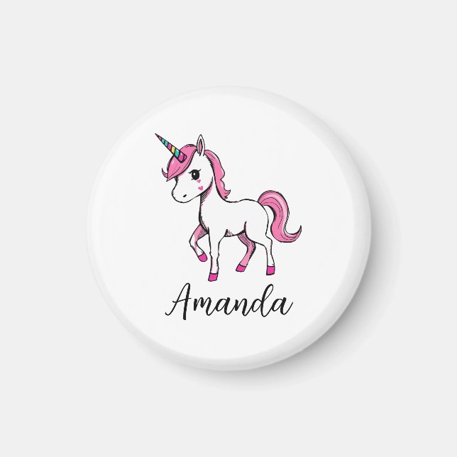 Cute Rosa Unicorn Tecknad Namn Magnet (Framsidan)